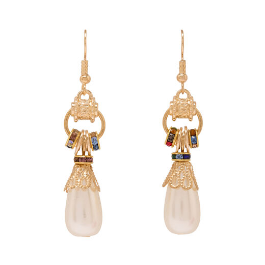 A pair of drop earrings with teardrop faux pearls and multicoloured rhinestones.
